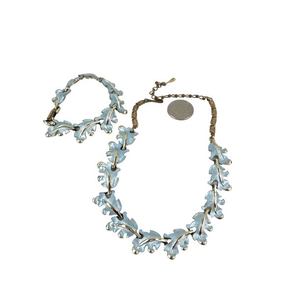 Retro Blue Leaf Enamel Necklace and Bracelet Set Parure 1950s - Picture 4 of 9